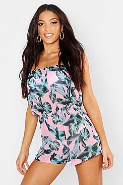 Boohoo Palm Print Bandeau Beach Playsuit