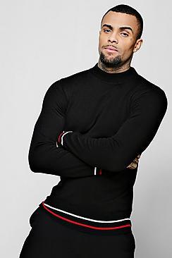 Boohoo Muscle Fit Turtle Neck Stripe Detail Knitted Jumper