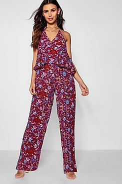 Boohoo Petite Ava Boho Halter Frill Detail Wide Leg Jumpsuit