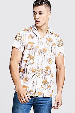 Boohoo Dot Floral Print Short Sleeve  Revere Shirt