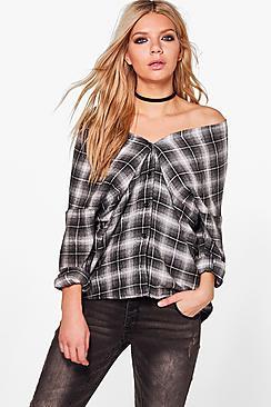 Boohoo Rosie Checked Off The Shoulder Shirt