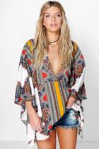 Boohoo Kayla Scarf Print Wide Sleeve Woven Top Multi