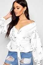 Boohoo Dalmatian Print Bell Sleeve Wrap Over Top