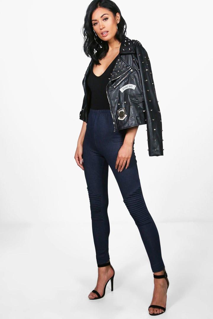 Boohoo Livvy Biker Ribbed Knee Denim Look Jeggings Indigo