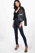 Boohoo Livvy Biker Ribbed Knee Denim Look Jeggings Indigo