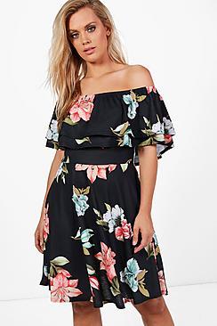 Boohoo Plus Alice Off The Shoulder Ruffle Skater Dress