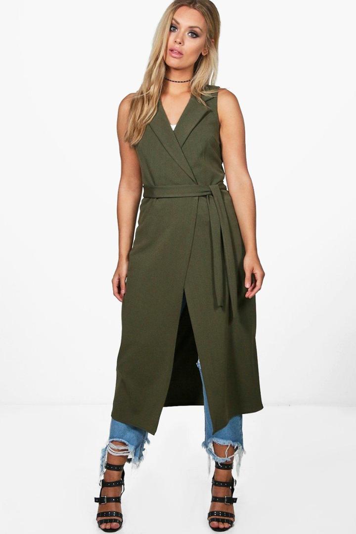 Boohoo Plus Renee Sleeveless Tie Waist Duster Khaki
