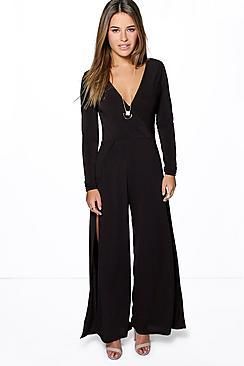 Boohoo Petite Jade Wrap Front Leg Split Jumpsuit