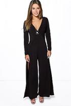 Boohoo Petite Jade Wrap Front Leg Split Jumpsuit