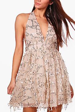 Boohoo Petite Nicola Sequin Halterneck Skater Dress