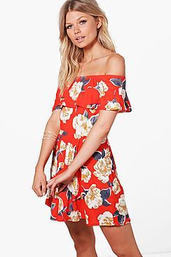 Boohoo Petite Ellie Floral Off The Shoulder Skater Dress