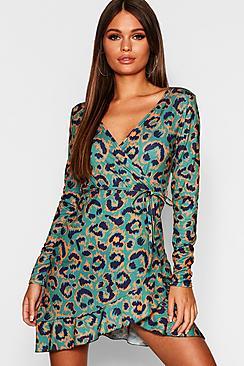 Boohoo Leopard Print Long Sleeve Wrap Tea Dress