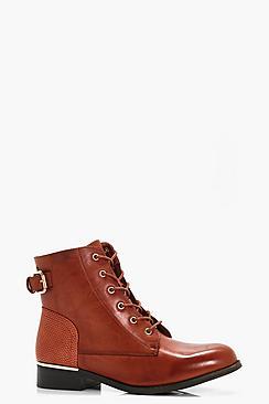 Boohoo Lacey Lace Up Metallic Detail Boot