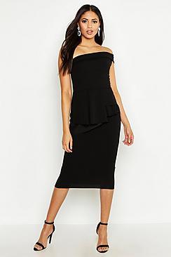 Boohoo Tall Bardot Waist Peplum Midi Dress