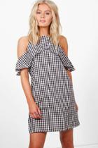 Boohoo Amelia Cold Shoulder Gingham Shift Dress Black