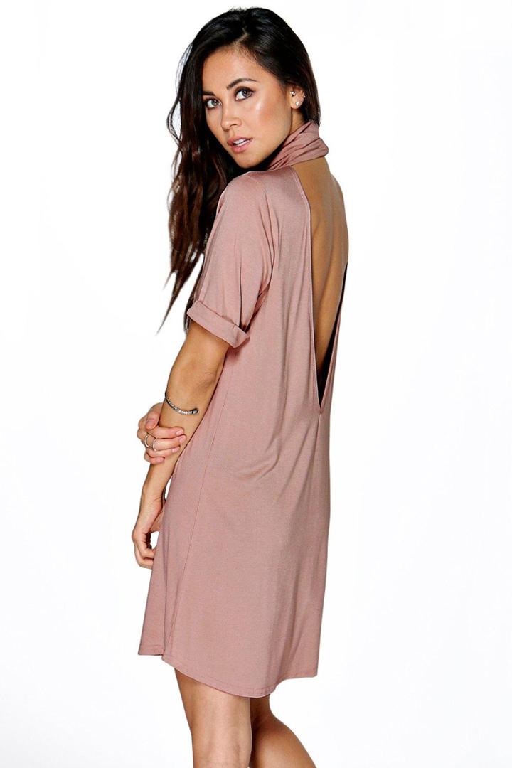 Boohoo Cara Roll Neck Cut Out Back Shift Dress Sand