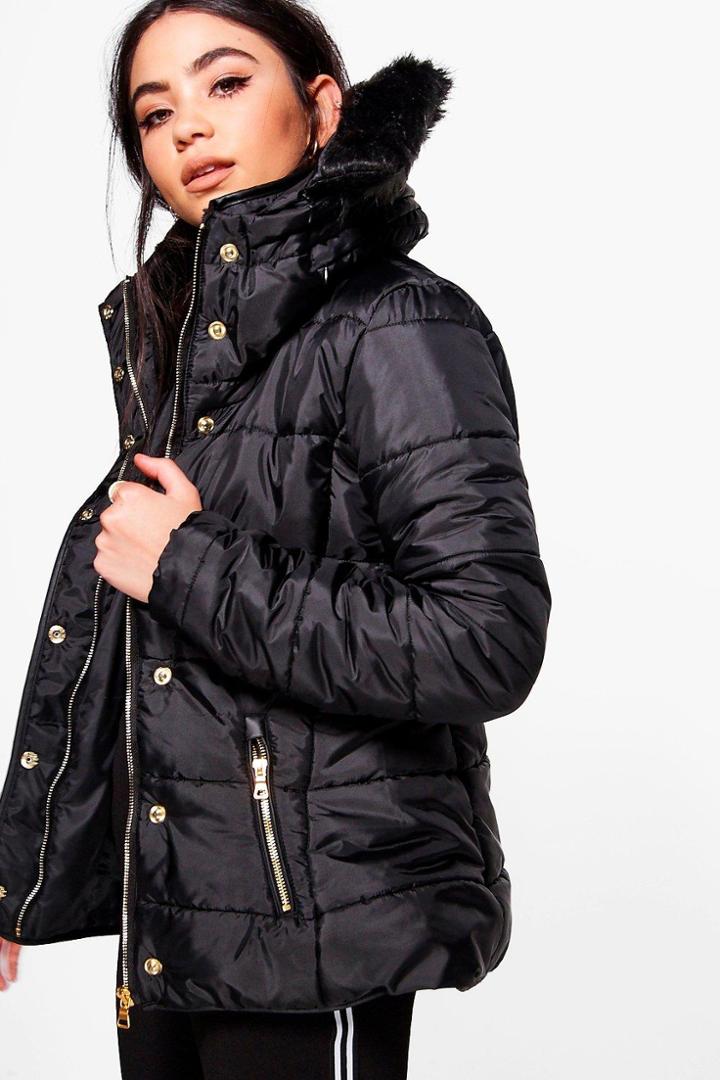 Boohoo Ella Padded Jacket With Detachable Faux Fur Collar Black