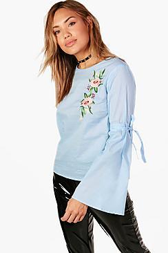 Boohoo Mary Flare Sleeve Embroidered Blouse
