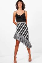Boohoo Dina Gingham + Stripe Mix Ruffle Hem Midi Skirt Black
