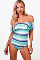 Boohoo Bermuda Stripe Ruffle Bardot Swimsuit