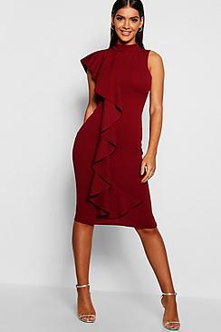 Boohoo High Frill Detail Midi Dress