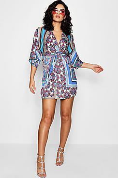 Boohoo Morin Luxe Scarf Pint Knot Front Shift Dress