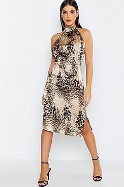 Boohoo High Neck Satin Leopard Midi Dress
