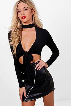 Boohoo Choker Tie Front Crop Top