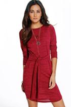 Boohoo Allie Marl Knit Tie Front Bodycon Dress Red
