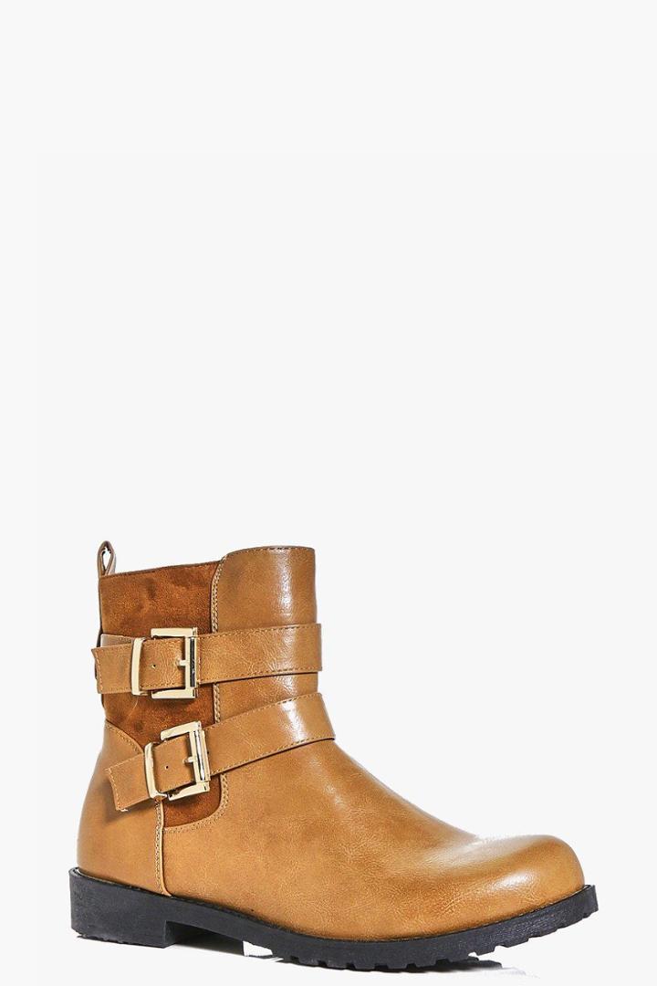 Boohoo Emma Buckle Trim Ankle Boot Tan