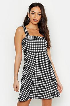 Boohoo Gingham Ruffle Strap Skater Dress