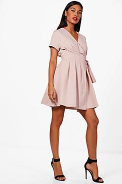 Boohoo Woven Pleated Wrap Skater Dress