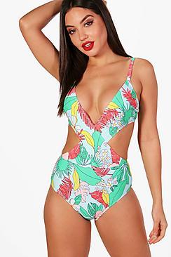 Boohoo Orlando Tropical Print Wrap Front Swimsuit