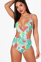 Boohoo Orlando Tropical Print Wrap Front Swimsuit