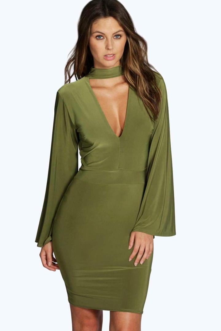 Boohoo Sia High Neck Plunge Bodycon Dress Olive