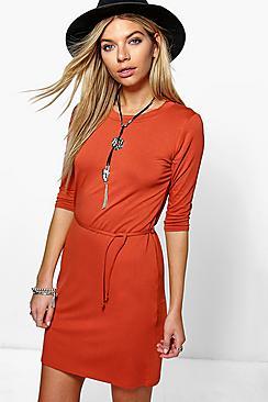 Boohoo Annie 3/4 Sleeve Tie Waist Shift Dress