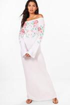 Boohoo Mel Off The Shoulder Printed Embroidery Maxi Dress White
