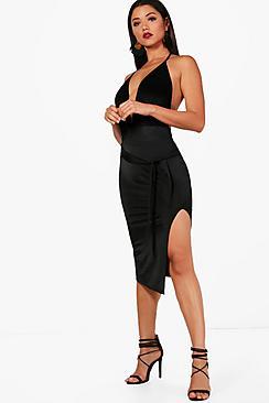 Boohoo Split Tie Waist Disco Slinky Midi Skirt