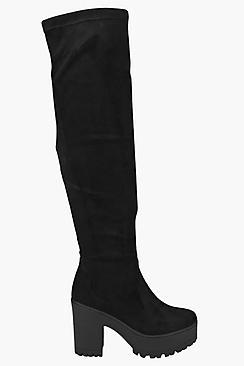 Boohoo Maya Over Knee Block Heel Cleated Boots