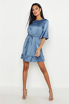 Boohoo Satin Drawcord Waist Skater Dress