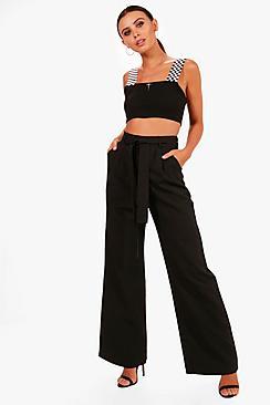 Boohoo Petite Cleo Tie Waist Wide Leg Woven Trouser