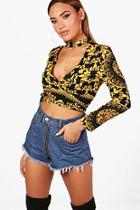 Boohoo Freya Choker Printed Tie Front Woven Crop