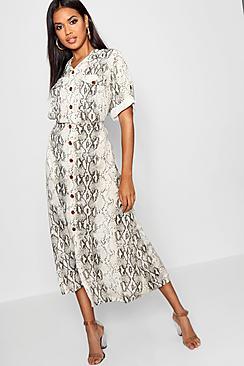 Boohoo Snake Print Horn Button Midi Skirt