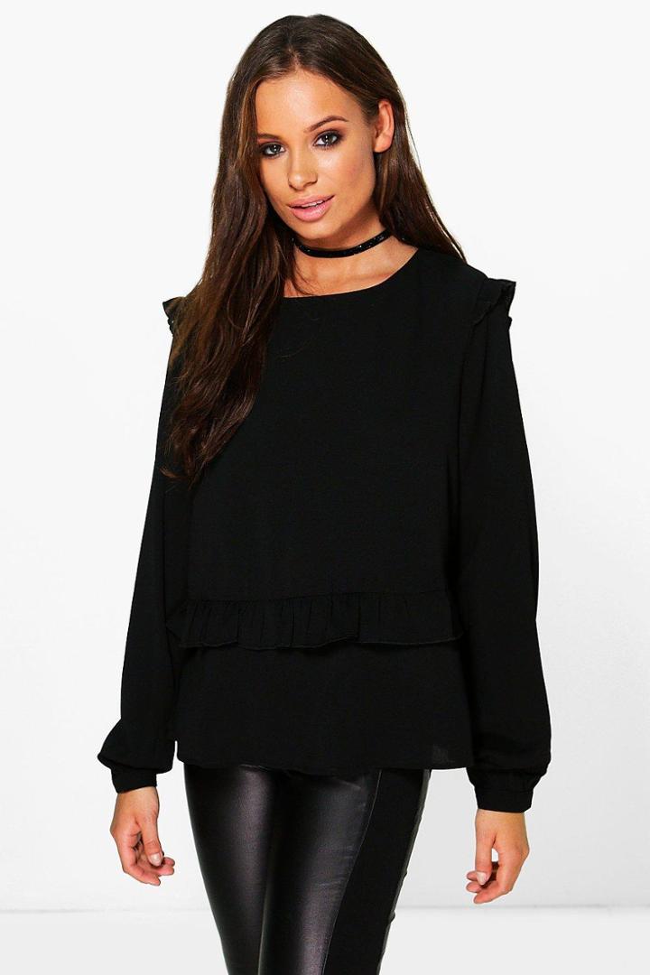 Boohoo Evelyn Ruffle Detail Blouse Black