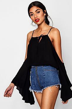 Boohoo Kaylee Ruffle Trim Angel Sleeve Cold Shoulder Top