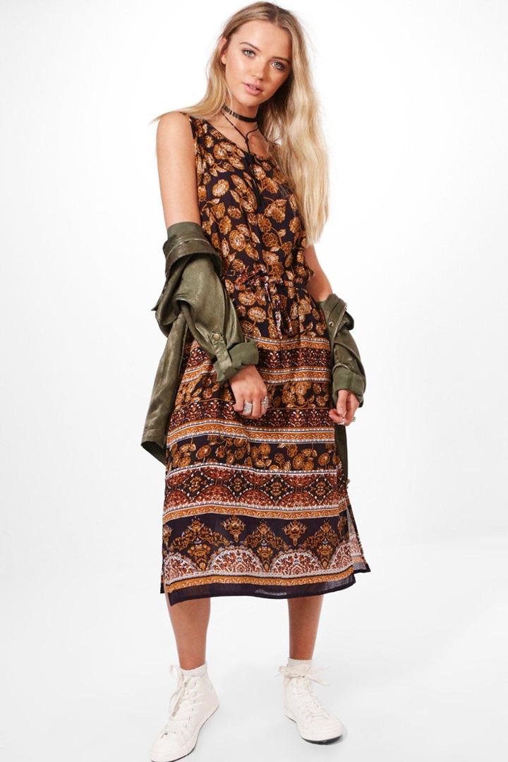 Boohoo Philippa Tie Detail Midi Dress Mustard