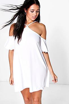 Boohoo Sammy Strappy High Neck Cold Shoulder Dress