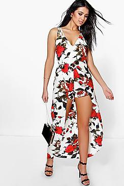 Boohoo Ann Strappy Floral Maxi Overlay Playsuit