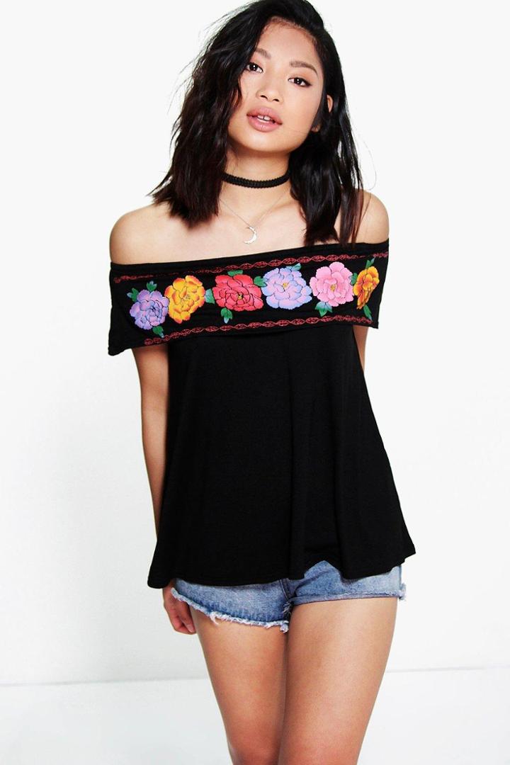 Boohoo Petite Orla Floral Print Bardot Top Black