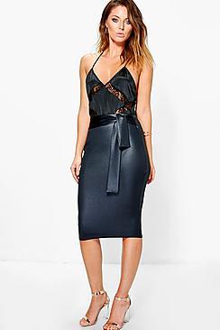 Boohoo Amerie Wet Look Tie Waist Midi Skirt